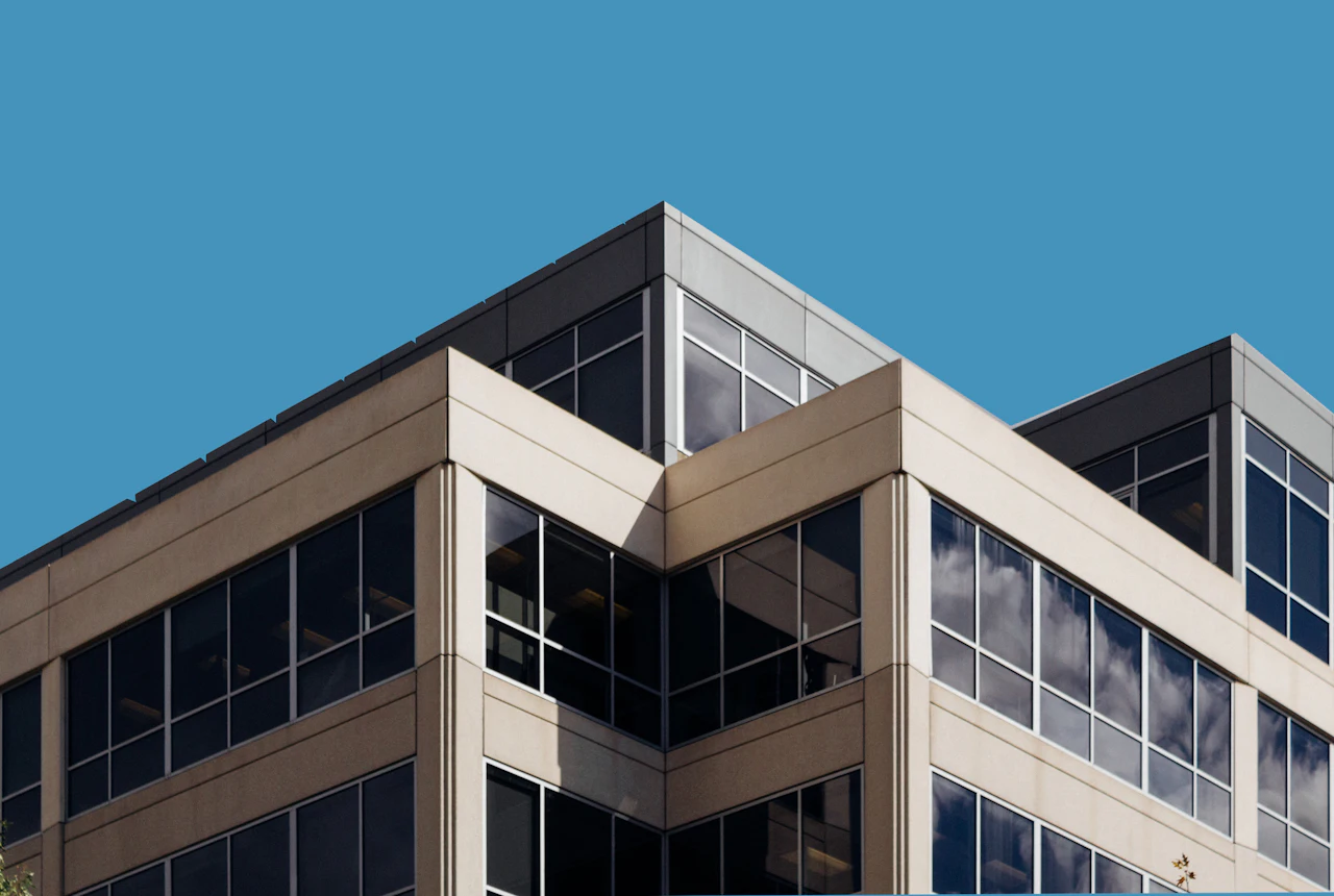 Commercial office building with a stucco and glass facade